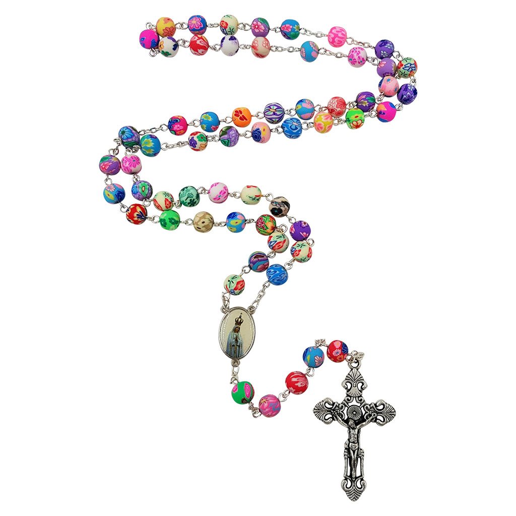 TALISMAN4U CATHOLIC ROSARY NECKLACE Colorful Polymer Beads Our Lady of Fatima Jesus Cross Holy Land Gift Rosary Pouch