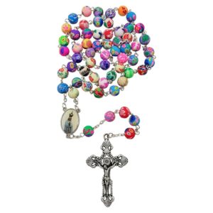 TALISMAN4U CATHOLIC ROSARY NECKLACE Colorful Polymer Beads Our Lady of Fatima Jesus Cross Holy Land Gift Rosary Pouch