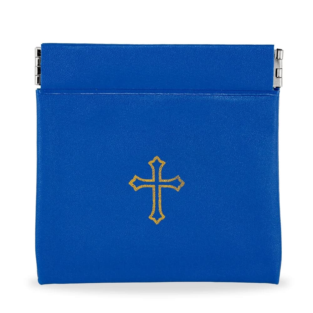 Squeeze Top Rosary Pouch Blue Vinyl with Gold Cross Imprint