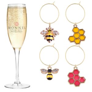 Monnel P516 Assorted Little Bees and Hives Wine Glass Marker Charms Tags for Party Decorations with Velvet Bag- Set of 4