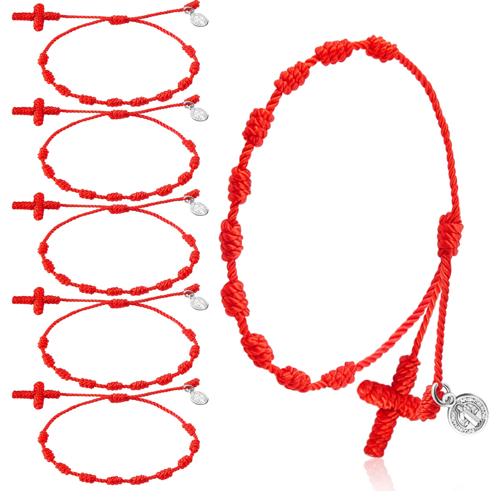 Yinkin 30 Pieces St Benedict Medal Rosary Bracelet Bulk Adjustable Knot String Braided Bracelet Baby Protection Mexican Bracelets with Mesh Bags for Women Men Girls Boys Minimalist Jewelry (Red)