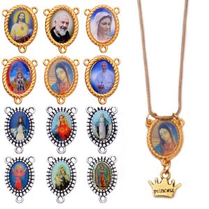 20pcs mixed pictures oval virgin mary miraculous medal floral rosary centerpiece alloy jesus crucifix cross pendants charms connectors for diy jewelry making, gold, silver