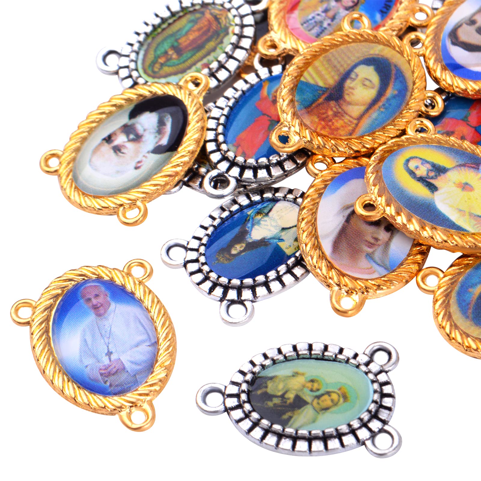 20pcs Mixed Pictures Oval Virgin Mary Miraculous Medal Floral Rosary Centerpiece Alloy Jesus Crucifix Cross Pendants Charms Connectors for DIY Jewelry Making, Gold, Silver