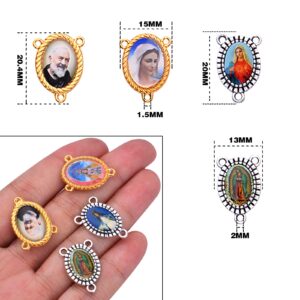 20pcs Mixed Pictures Oval Virgin Mary Miraculous Medal Floral Rosary Centerpiece Alloy Jesus Crucifix Cross Pendants Charms Connectors for DIY Jewelry Making, Gold, Silver