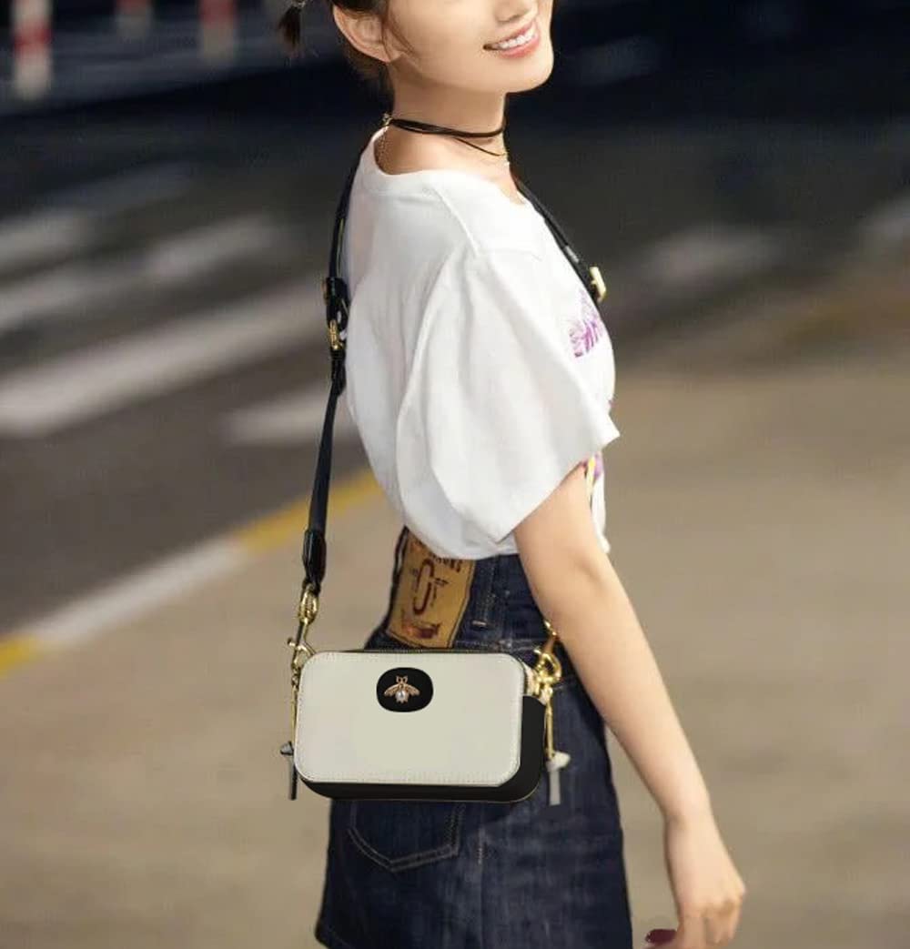 Ophlid Bee Purse Camera Crossbody Bags for Women Trendy Small Snapshot Bag Wide Strap Leather Shoulder Clutch Handbags White