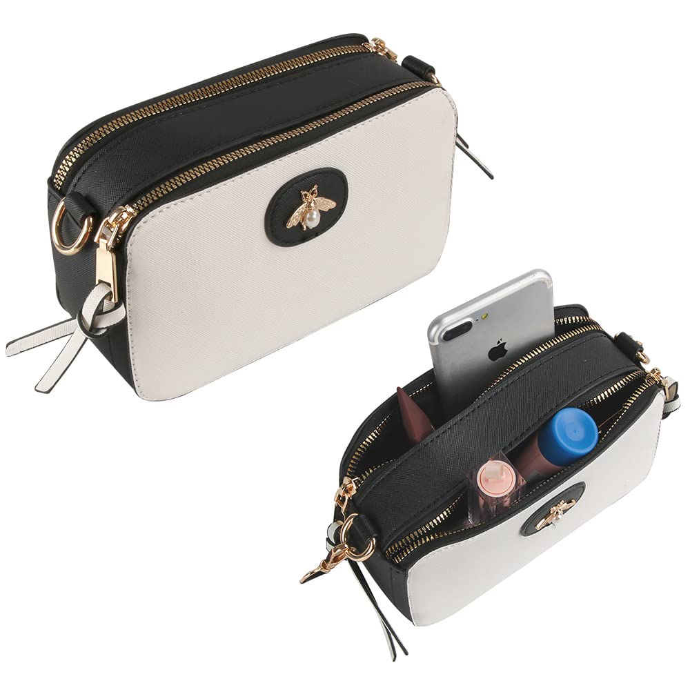 Ophlid Bee Purse Camera Crossbody Bags for Women Trendy Small Snapshot Bag Wide Strap Leather Shoulder Clutch Handbags White