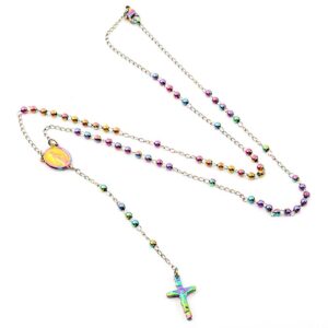 Blowin 3mm Rainbow Beads Christian Rosary Necklace for Women Men, Colorful Stainless Steel Praying Rosary Necklace Jewelry, 26 Inch