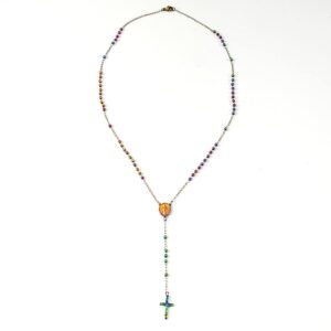 Blowin 3mm Rainbow Beads Christian Rosary Necklace for Women Men, Colorful Stainless Steel Praying Rosary Necklace Jewelry, 26 Inch