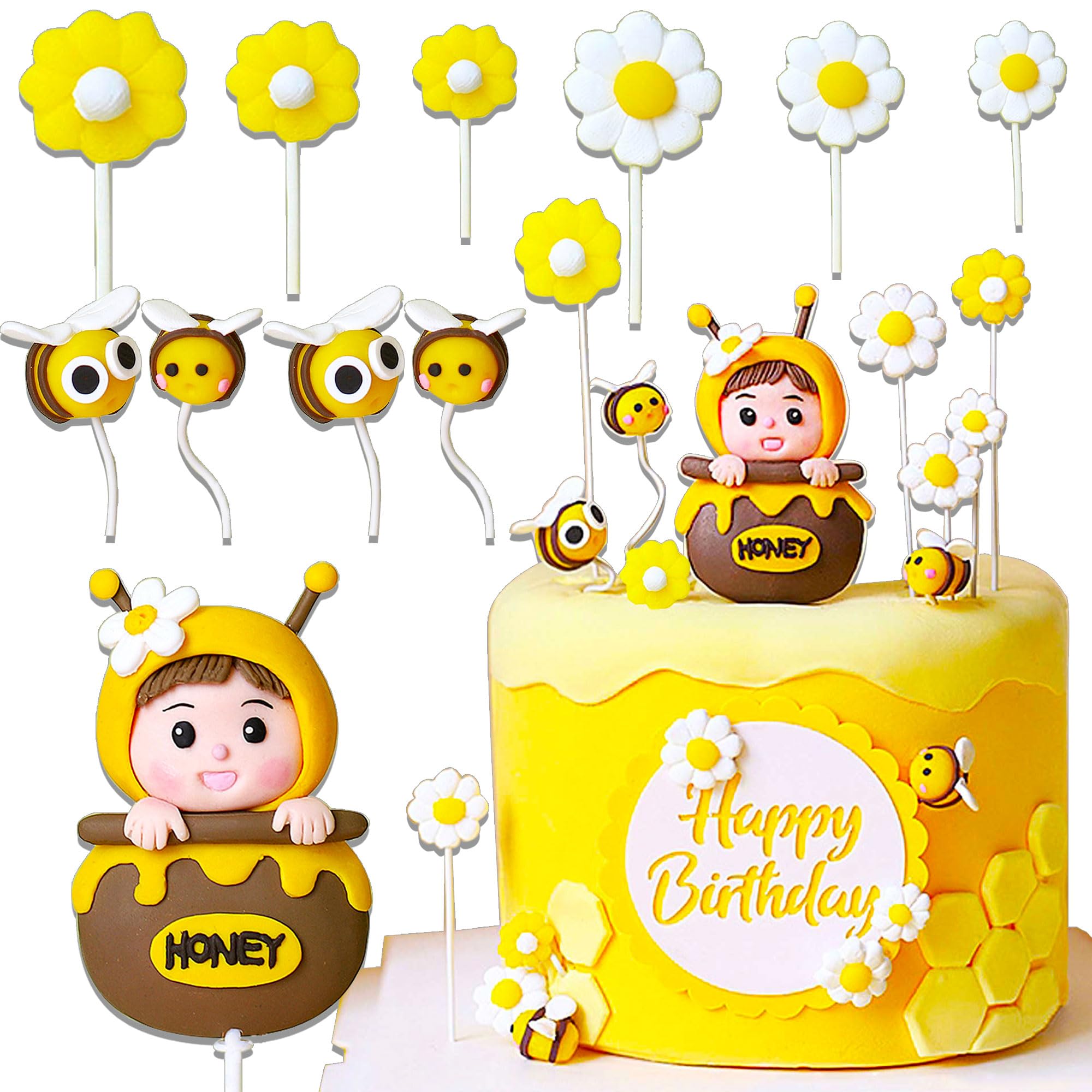 JeVenis Bumble Bee Cake Decoration Bumble Bee Baby Shower Cake Decoration Happy BEE Day Cake Decoration Fun to Bee One Cake Topper Bumble Bee Party Favors Supplies