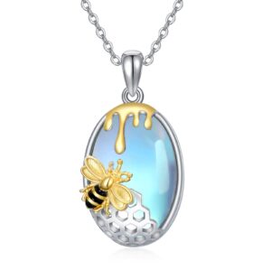 YAFEINI Bee Jewelry Necklace Sterling Silver Honeycomb Honey Bee Moonstone Pendant Necklace Jewelry Christmas Gifts for Women Teen Girls (Moonstone oval bee necklace)