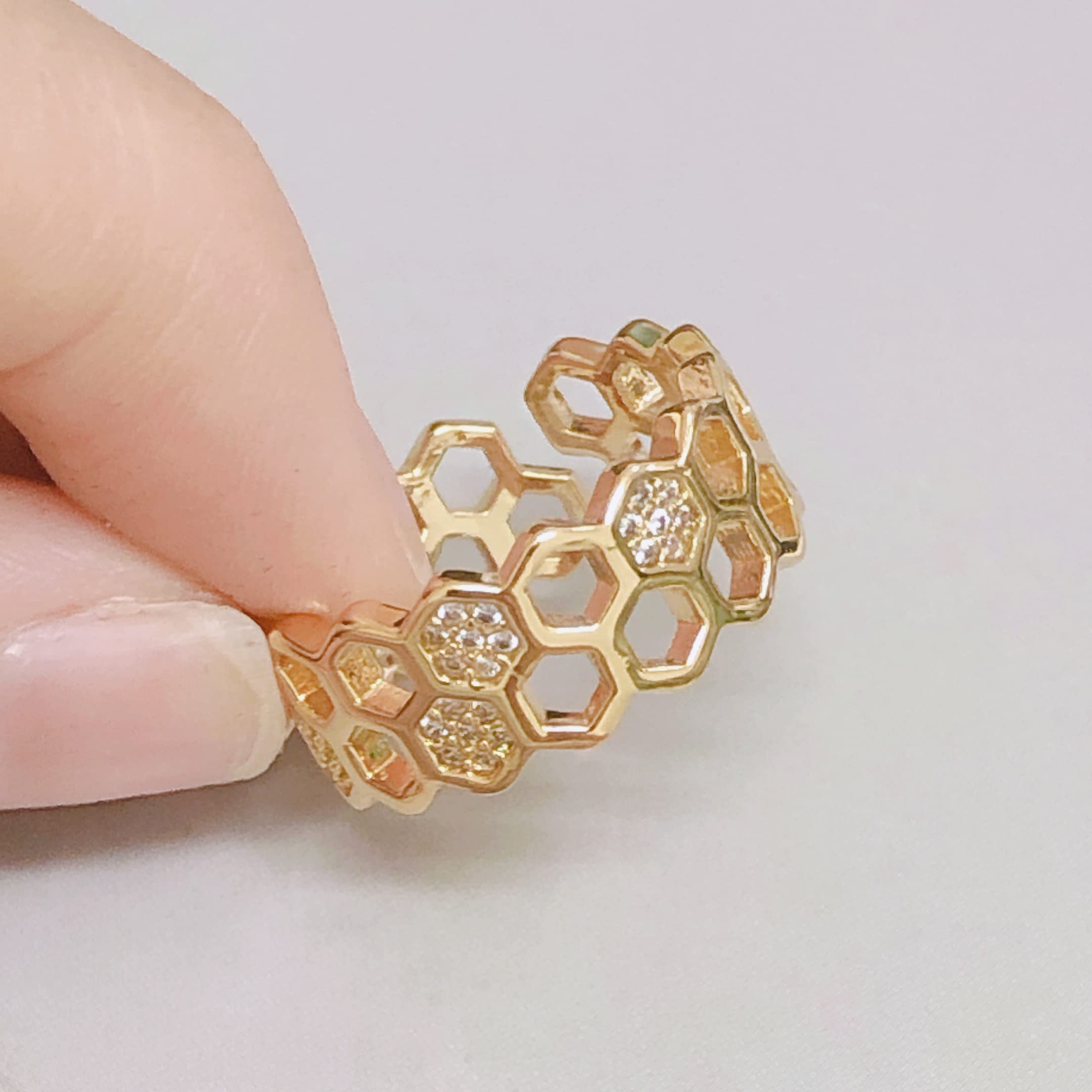 Cubic Zirconia Bee Honeycomb Ring Gold Plated Open Engagement Statement Wedding Stacking Finger Ring Adjustable Fashion Diamond Anniversary Cute Jewelry Gifts for Women Girls BFF Birthday Christmas