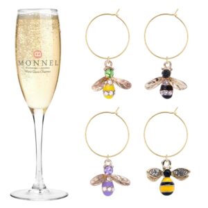 monnel p601 assorted tiny honey bees wine charms glass markers tags for party decorations with velvet bag- set of 4