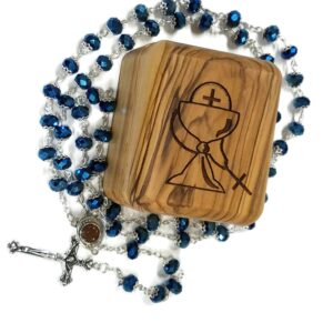 LION OF JUDAH MARKET Olive Wood First Communion Jewelry Box with Rosary Deep Blue Glass