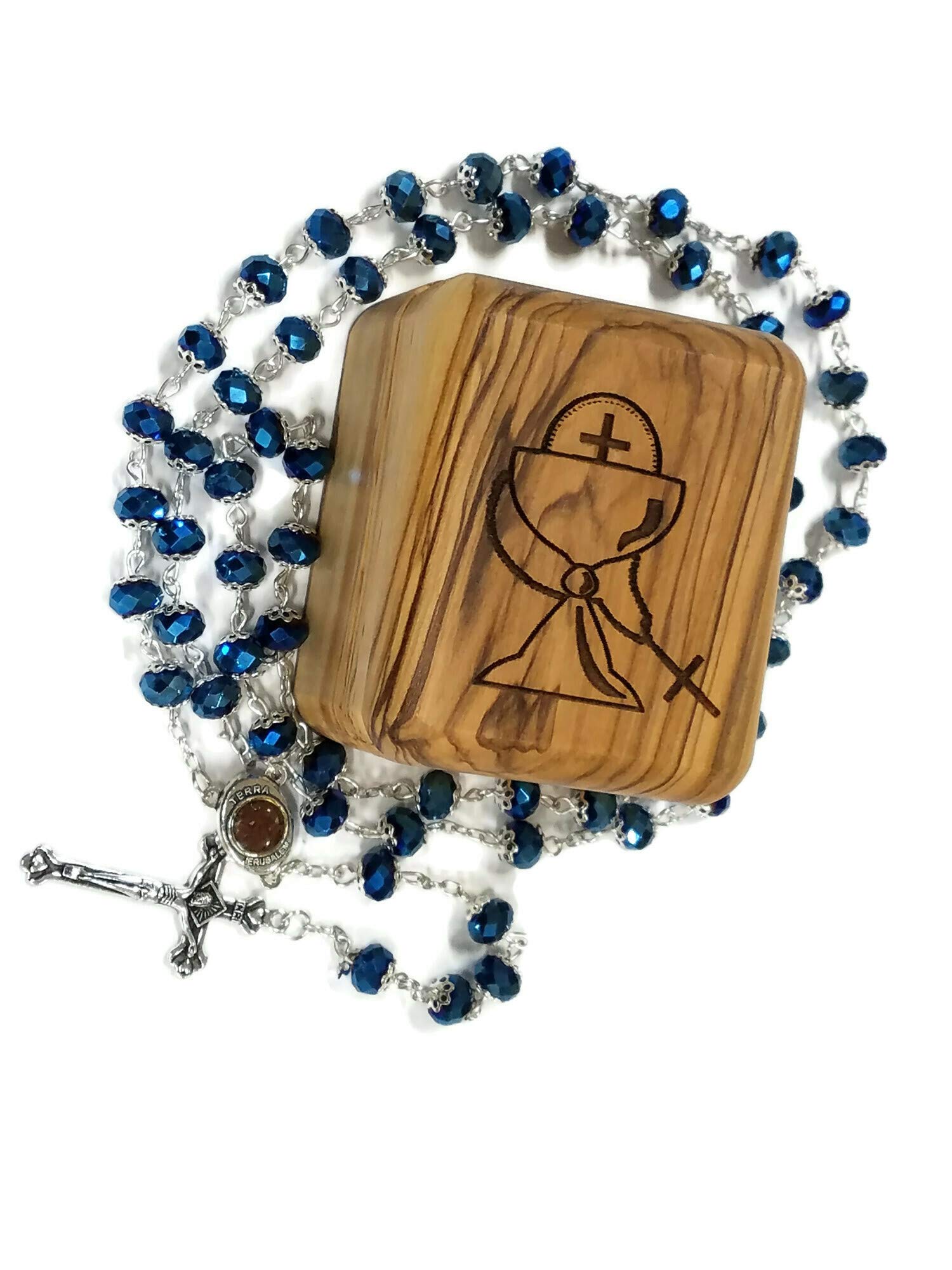 LION OF JUDAH MARKET Olive Wood First Communion Jewelry Box with Rosary Deep Blue Glass