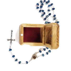 LION OF JUDAH MARKET Olive Wood First Communion Jewelry Box with Rosary Deep Blue Glass