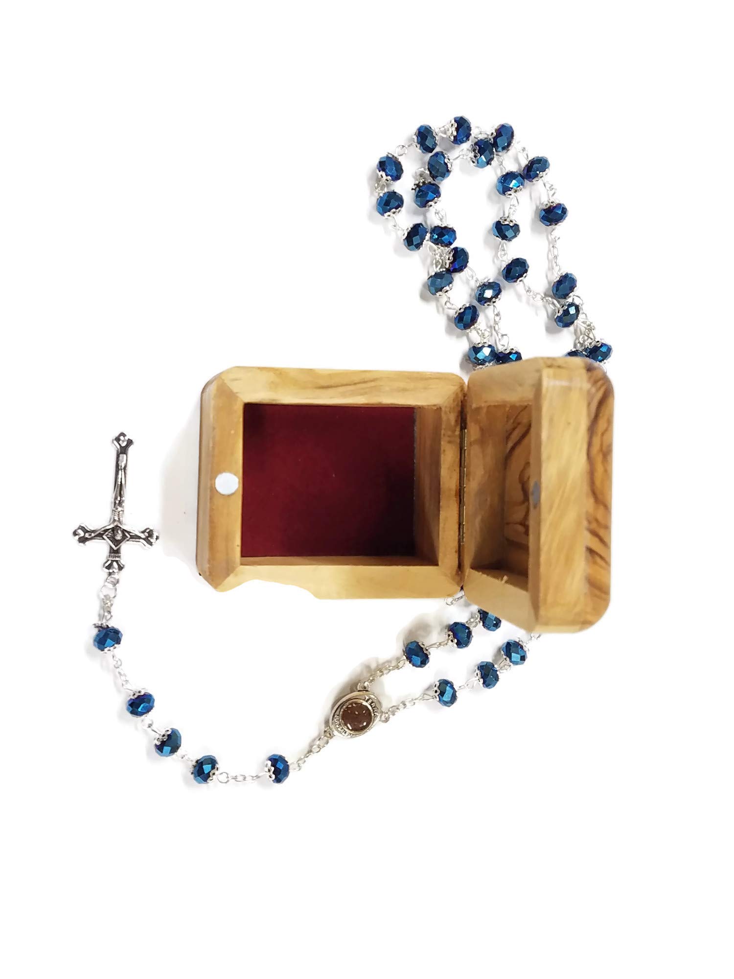 LION OF JUDAH MARKET Olive Wood First Communion Jewelry Box with Rosary Deep Blue Glass