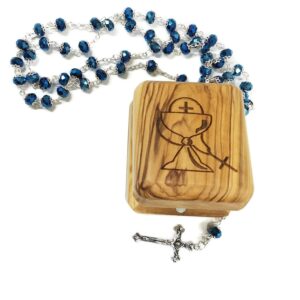 LION OF JUDAH MARKET Olive Wood First Communion Jewelry Box with Rosary Deep Blue Glass