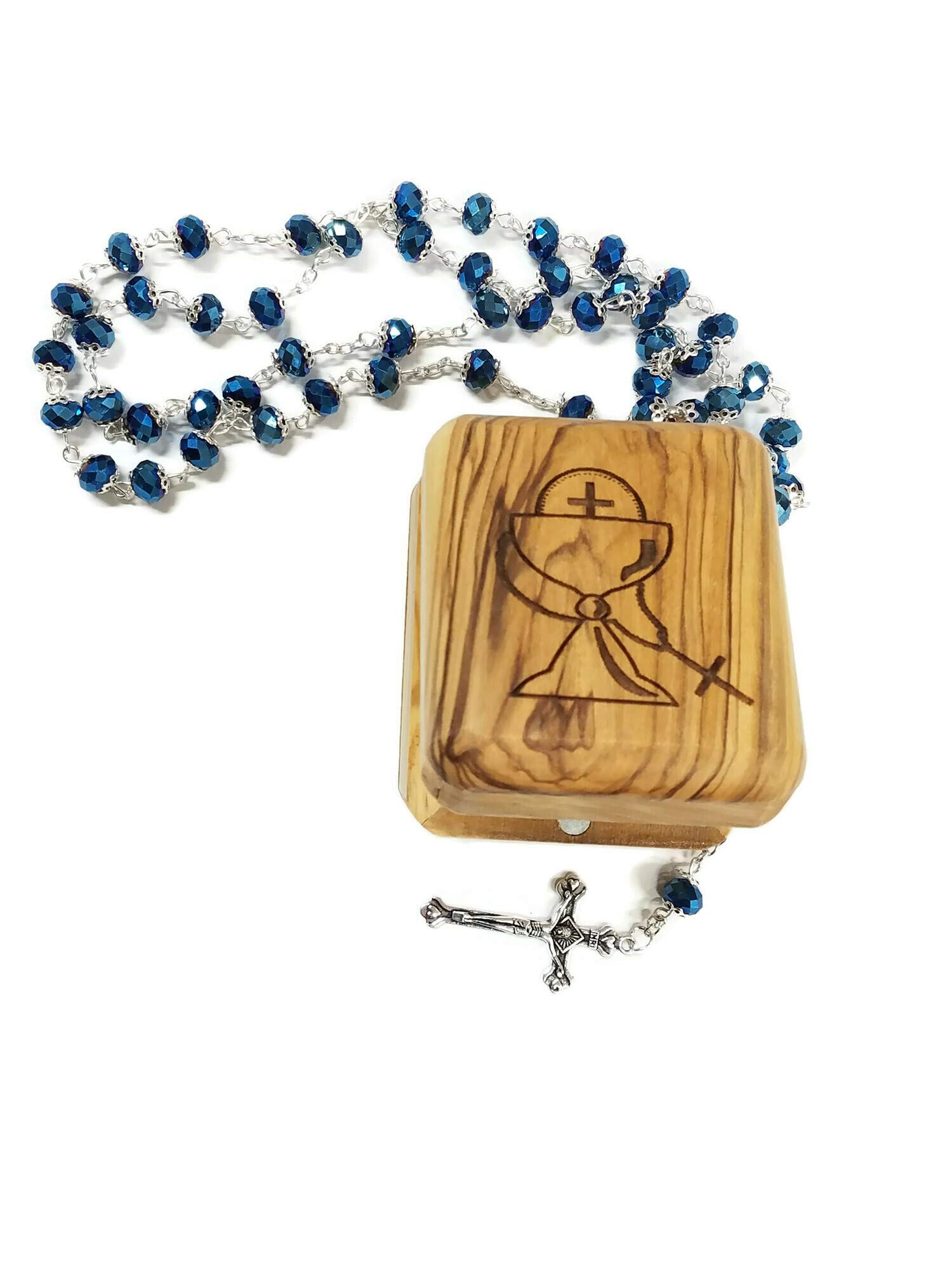 LION OF JUDAH MARKET Olive Wood First Communion Jewelry Box with Rosary Deep Blue Glass