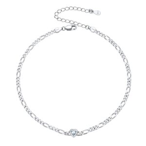 SILVERCUTE April Birthstone Ankle Bracelet 925 Sterling Silver 3mm Chain for Barefoot Figaro Anklets for Women, 8.5"-10.5"