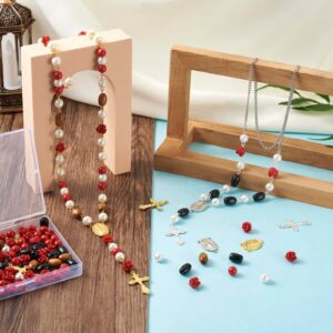 Mega Pet 180Pcs Catholic Rosary Jewelry Making Kits 3D Rose Cinnabar Beads with Barrel Wood Beads Round Glass Pearl Beads Crucifix Cross Pendants Rosary Beads for DIY Necklace Bracelet Jewelry Making