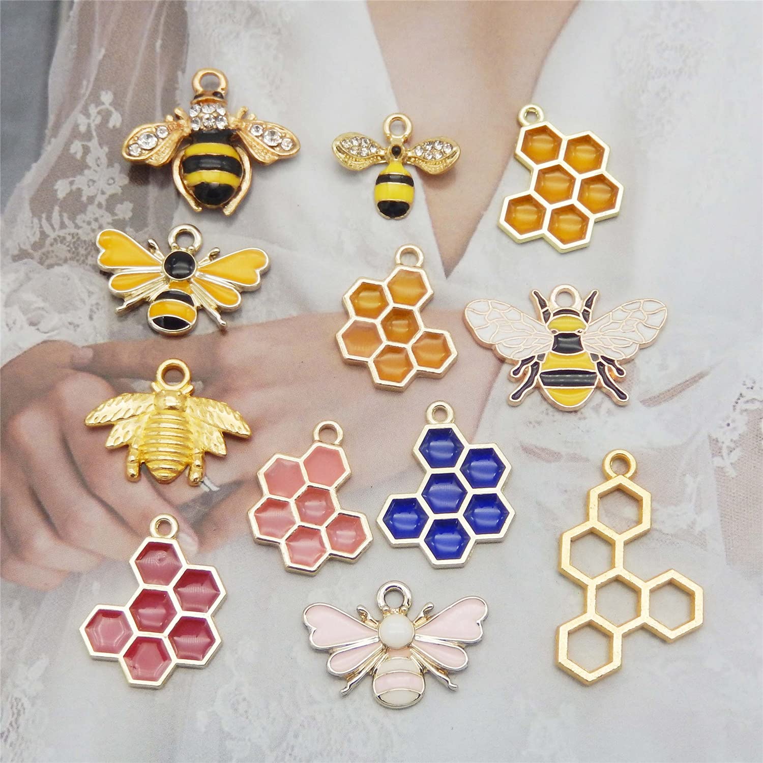 JJGQAZ 24 Pieces(12 PAIRS) Alloy Enamel Bee Charms Rhinestone Jewelry Making Bee Honeycomb Charms Pendants for Necklace Bracelet Earrings Keychain DIY Making Supplies