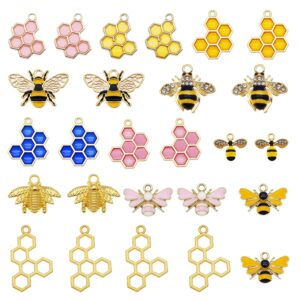 jjgqaz 24 pieces(12 pairs) alloy enamel bee charms rhinestone jewelry making bee honeycomb charms pendants for necklace bracelet earrings keychain diy making supplies