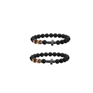 COLORFUL BLING 2/7 Pcs Natural Healing Crystal Religion Cross Bracelets Set 8mm Stone Blue Tiger Eye & Black Matte Agate Beaded Bracelet Energy Bead Bracelet Bangle for Men Women - Tiger eye