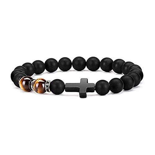 COLORFUL BLING 2/7 Pcs Natural Healing Crystal Religion Cross Bracelets Set 8mm Stone Blue Tiger Eye & Black Matte Agate Beaded Bracelet Energy Bead Bracelet Bangle for Men Women - Tiger eye