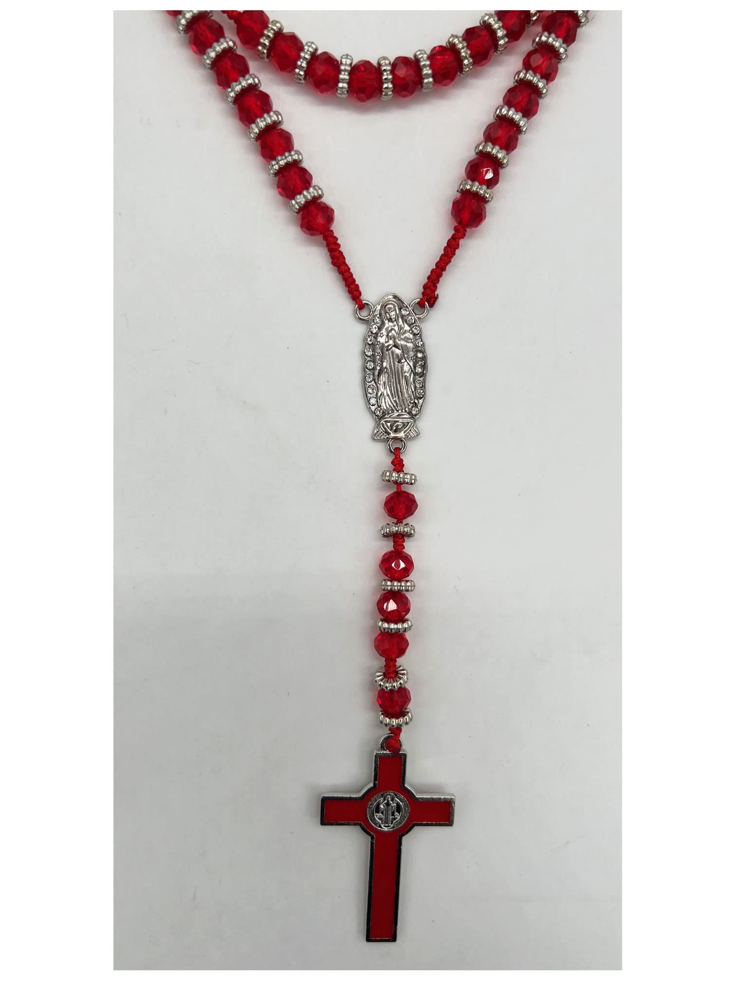 Bead Rosary Necklace with Crucifix and Our Lady of Guadalupe Medal Red Beads Catholic Prayer Rosaries Necklaces Jewelry for Boys Men Gifts Box (Silver)