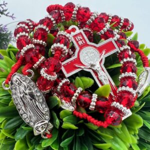 Bead Rosary Necklace with Crucifix and Our Lady of Guadalupe Medal Red Beads Catholic Prayer Rosaries Necklaces Jewelry for Boys Men Gifts Box (Silver)