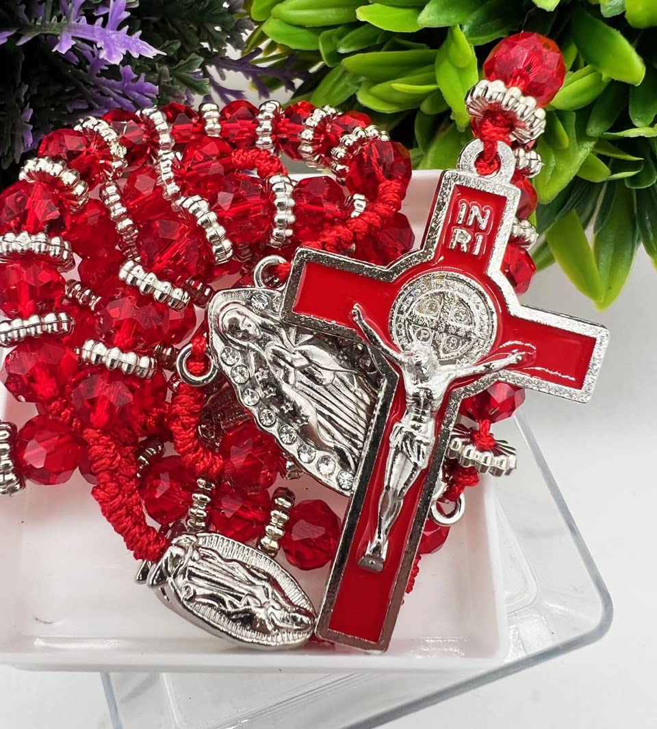 Bead Rosary Necklace with Crucifix and Our Lady of Guadalupe Medal Red Beads Catholic Prayer Rosaries Necklaces Jewelry for Boys Men Gifts Box (Silver)