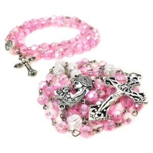 mother mary pink crystal cut rosary and rosary bracelet set,catholic rosary,rosarios catolicos para mujer,catholic gifts women,rosario regalos para mujer,rosary necklace for women, acrylic, acrylic