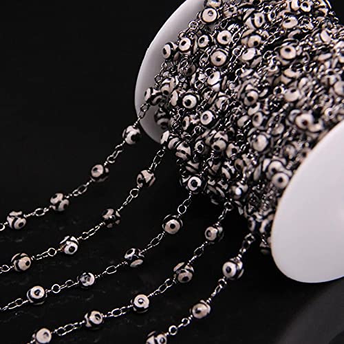 5Meter/lot,6mm Eyes Dzi Agates Faceted Round Beads Chain,Black White Agates Gun Black Plated Wire Wrapped Rosary Chains