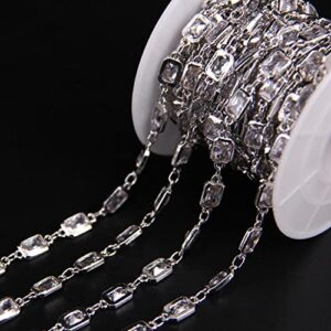 5x7mm,Faceted Rectangle Zircon Link Silver Chain,White Cubic Zircon Crystal Bezel Connector Rosary Chain,CZ Earrings Bracelets - (Color: 3meters)