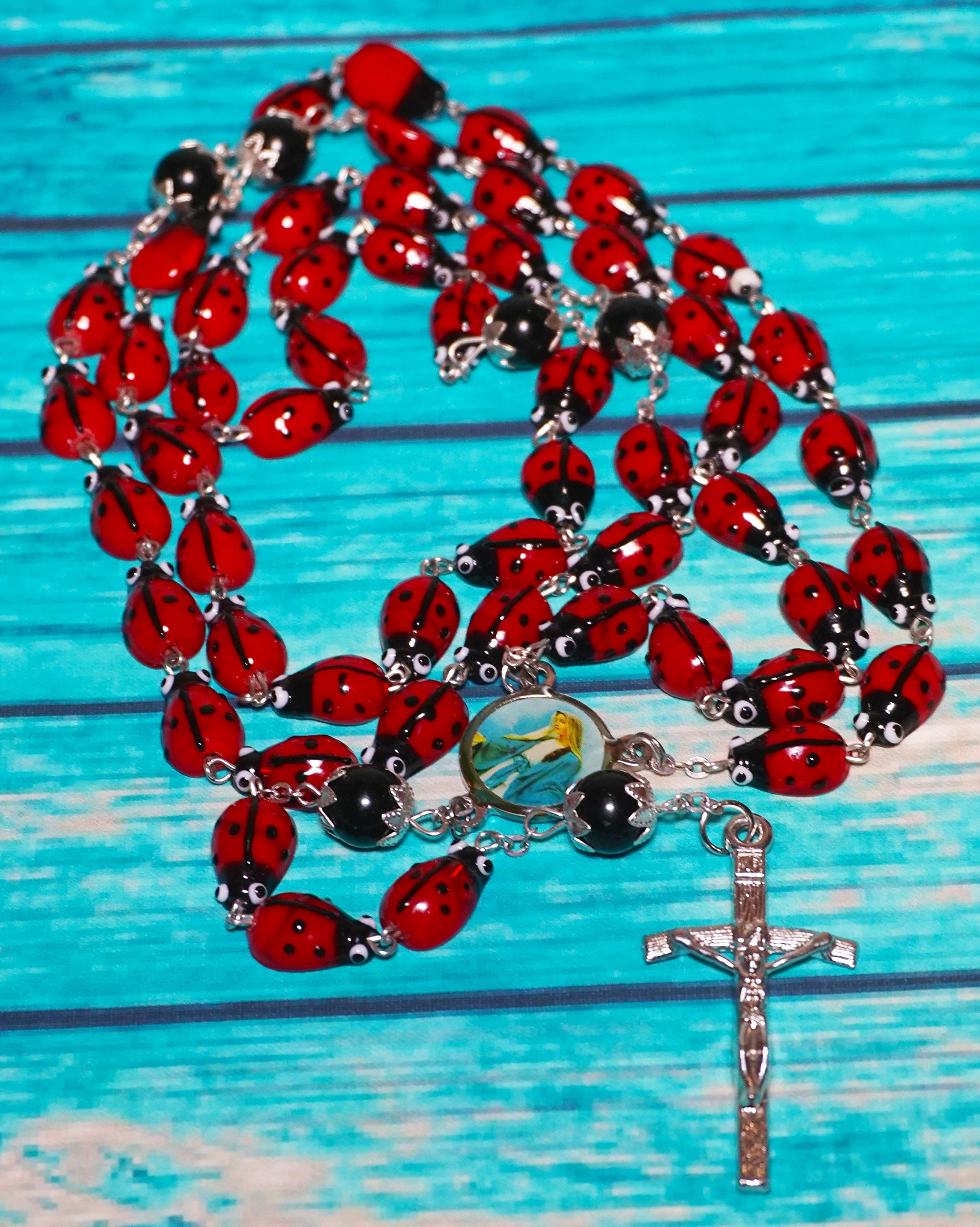 col-p Catholic Steel Rosary Ceramic Ladybug Devotional 29" inch long centerpiece Lady of Grace Sanctified Papal Crucifix Zinc Alloy