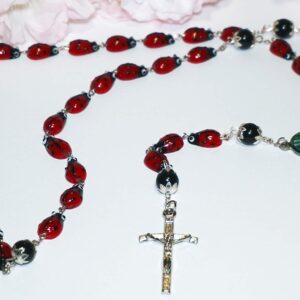 col-p Catholic Steel Rosary Ceramic Ladybug Devotional 29" inch long centerpiece Lady of Grace Sanctified Papal Crucifix Zinc Alloy