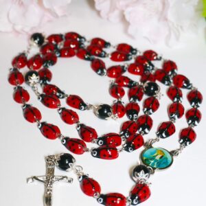 col-p Catholic Steel Rosary Ceramic Ladybug Devotional 29" inch long centerpiece Lady of Grace Sanctified Papal Crucifix Zinc Alloy