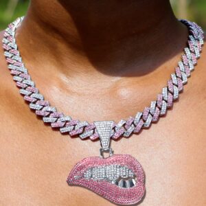 Iced Out Chain for Women Men, Cuban Link Chain, Hip Hop Pink Bite Lip Shape Pendant Necklace for Women with Bling Iced Out Silver Color Cuban Link Chain HipHop Necklace Jewelry (20 Inches, Silver plating)