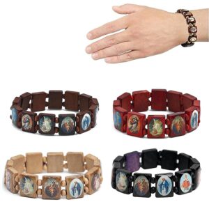 4 Pcs Wooden Rosary Jesus Bracelet Stretch Bangle, Strechable Small Panel Bracelet, with Pictures of Religious Saints Catholic Holy Gods Goddess Prayer Manifestation Bracelet