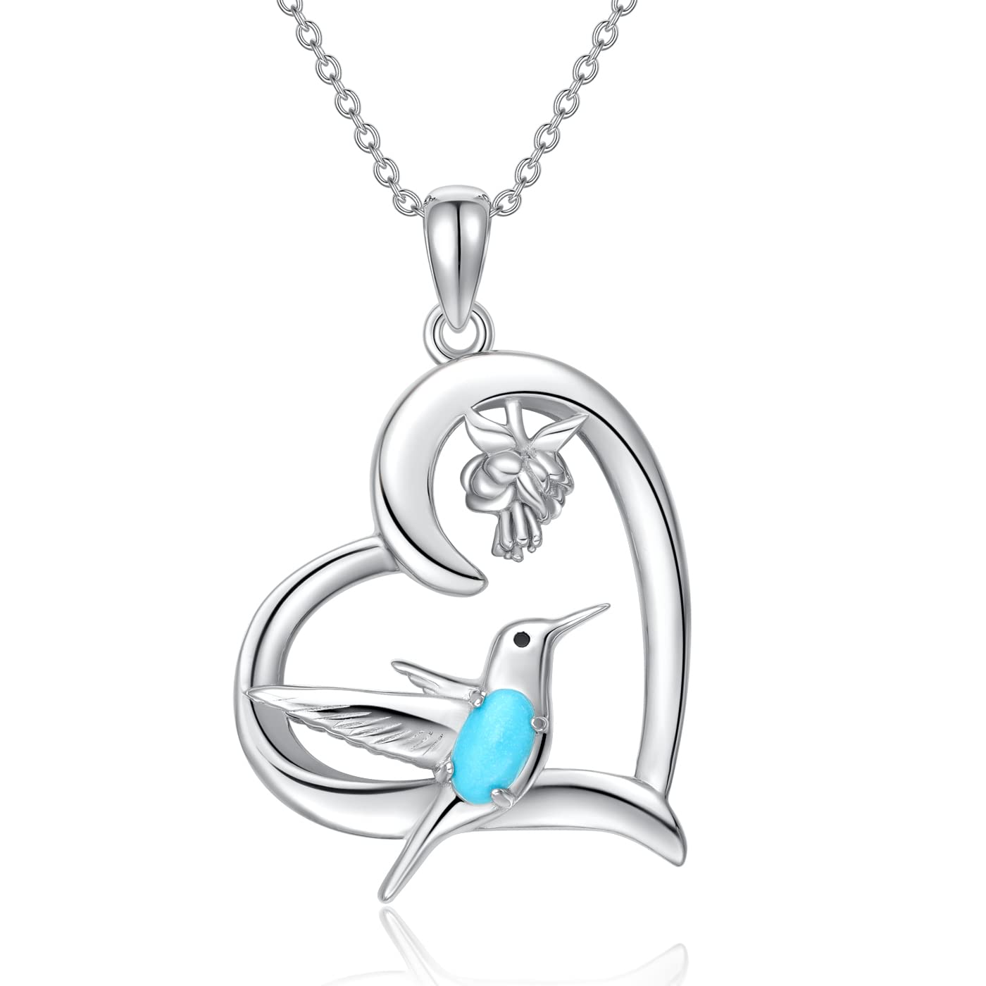 BETHZA Hummingbird Necklace 925 Sterling Silver Heart with Flower Pendant Genuine Turquoise Gemstone Hummingbirds Animal Jewelry Gifts for Women