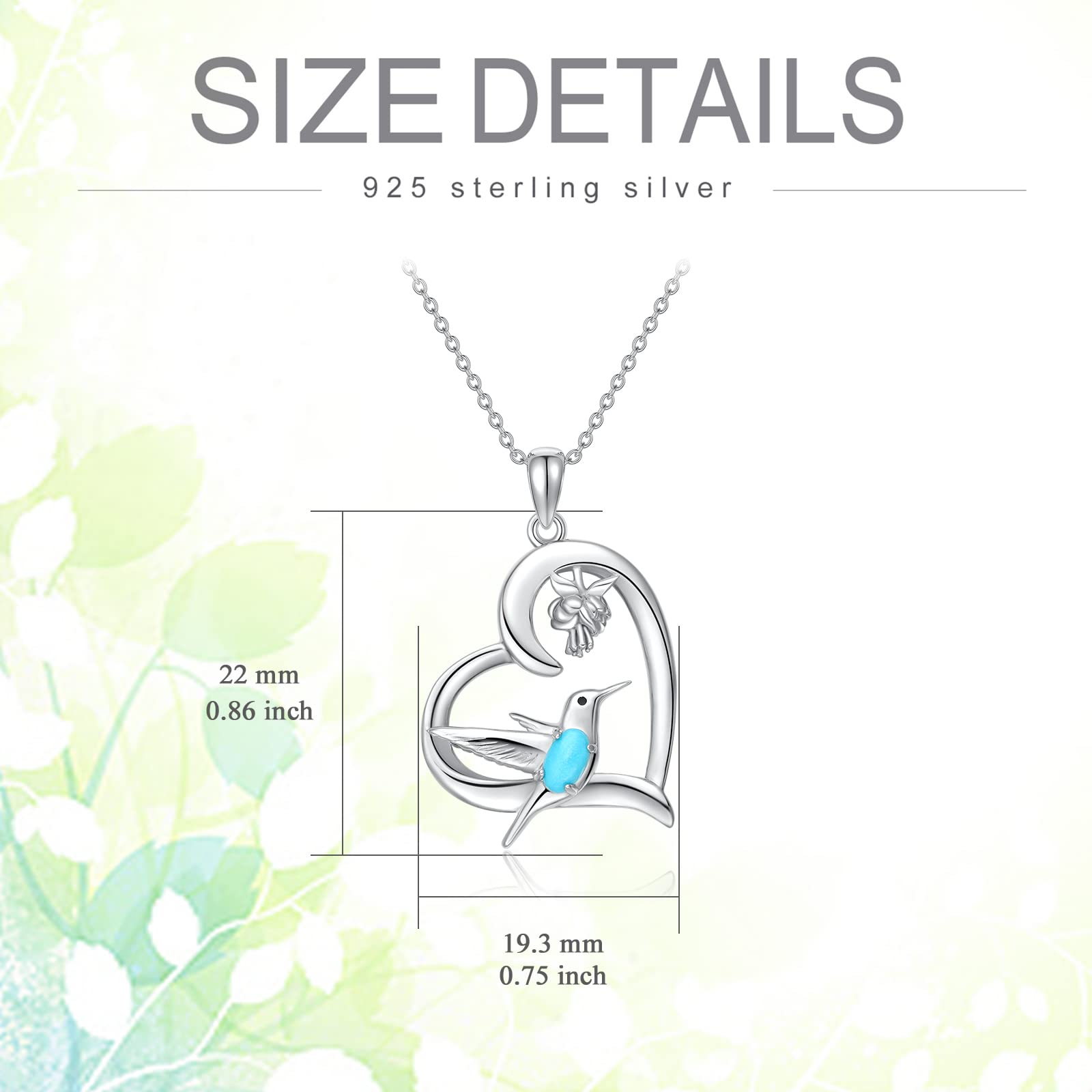 BETHZA Hummingbird Necklace 925 Sterling Silver Heart with Flower Pendant Genuine Turquoise Gemstone Hummingbirds Animal Jewelry Gifts for Women