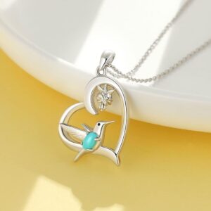 BETHZA Hummingbird Necklace 925 Sterling Silver Heart with Flower Pendant Genuine Turquoise Gemstone Hummingbirds Animal Jewelry Gifts for Women