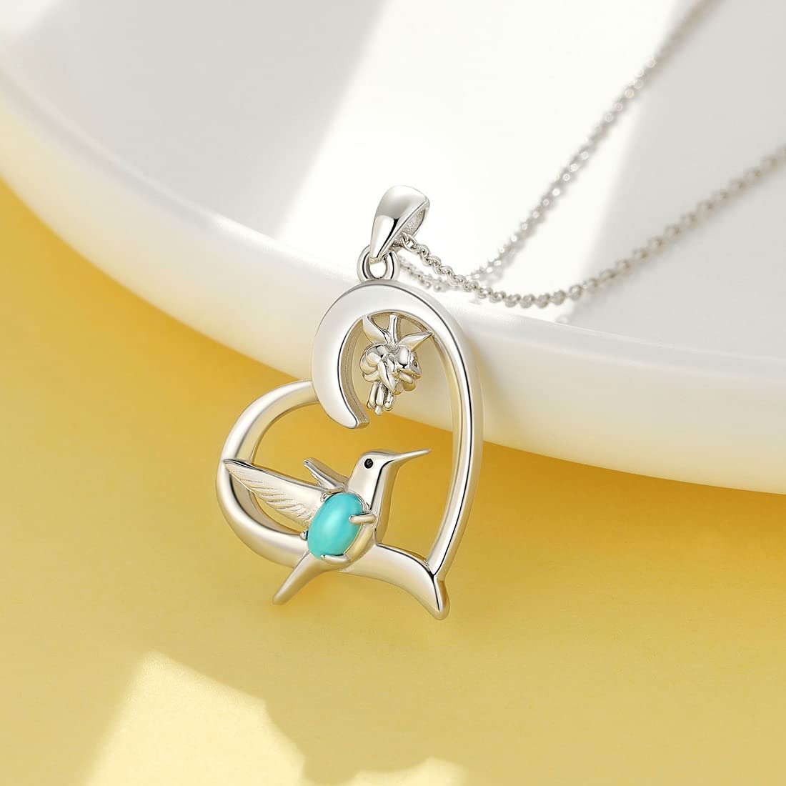 BETHZA Hummingbird Necklace 925 Sterling Silver Heart with Flower Pendant Genuine Turquoise Gemstone Hummingbirds Animal Jewelry Gifts for Women