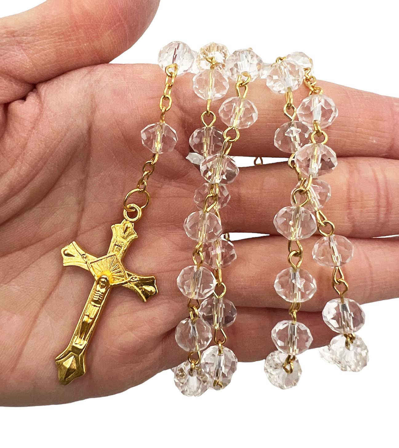 Catholic Our Lady of Guadalupe Crystal Rosary with Medals Rosario De La Virgen De Guadalupe Virgin Mary Prayer Rosary Necklace (White/Gold)