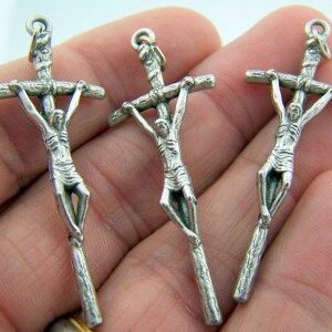 Silver Toned Base Papal Cross Crucifix Pendant for Prayer Rosary, Lot of 3, 1 1/2 Inch