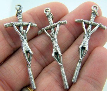 Silver Toned Base Papal Cross Crucifix Pendant for Prayer Rosary, Lot of 3, 1 1/2 Inch