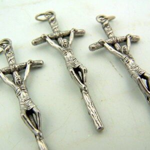 Silver Toned Base Papal Cross Crucifix Pendant for Prayer Rosary, Lot of 3, 1 1/2 Inch