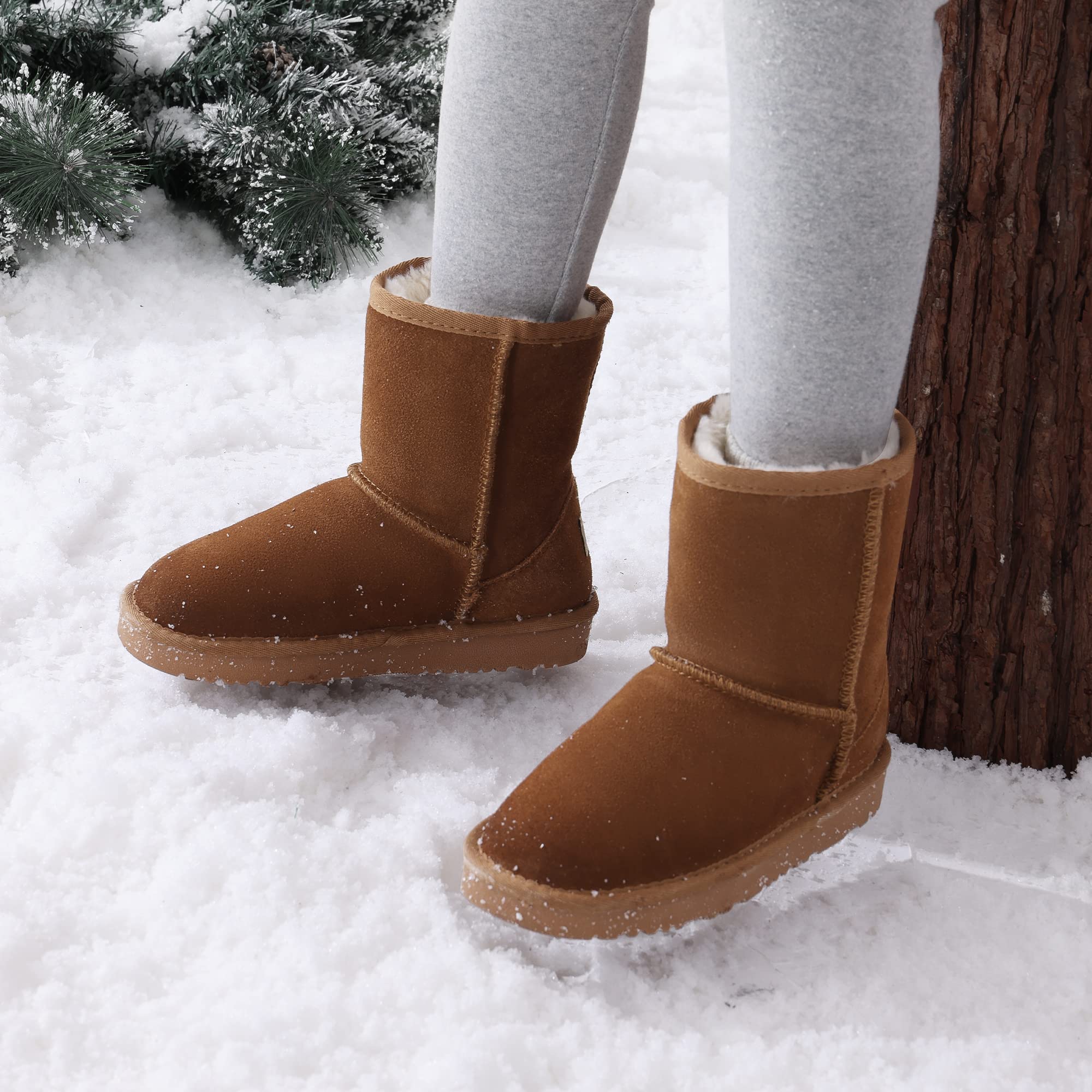 DREAM PAIRS Girls Boys Boots Kids Faux Fur Lined Winter Mid Calf Snow Boots Shorty-K Chestnut Size 2 Little Kid