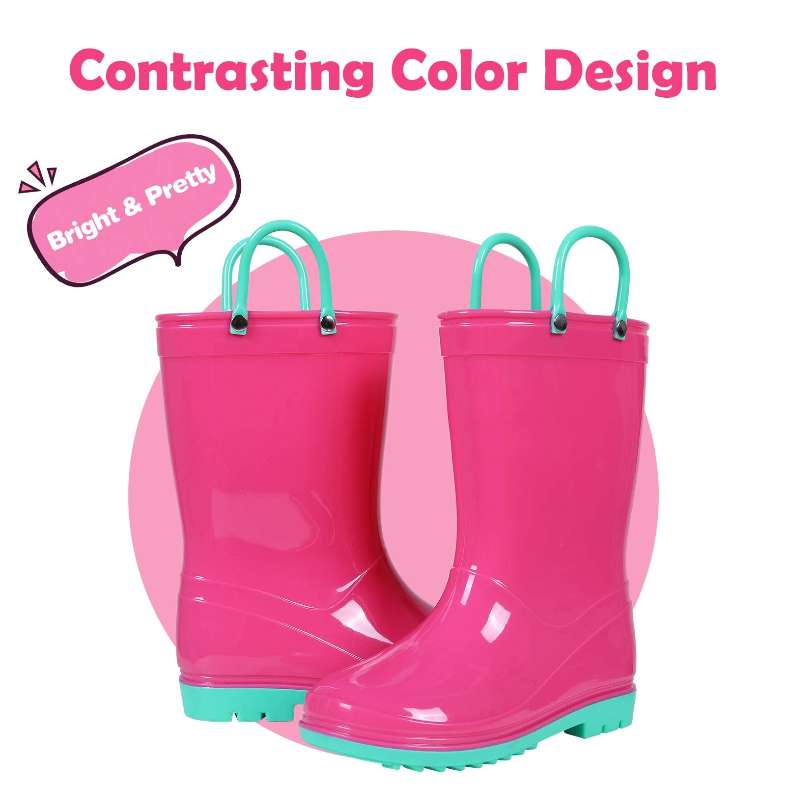 Colorxy Kids Rain Boots for Boys Waterproof Toddler Rain Boots with Easy-On Handles, Hot Pink Size Big Kid 4