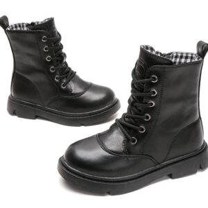 kkdom Boys Girls Waterproof Lace Up Side Zipper Mid Calf Combat Boots(Toddler/Little Kid/Big Kid) Black US Size 2 M Little Kid